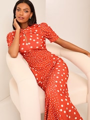 Lipsy Red Polka Dot Printed Short Puff Sleeve Gathered Waist Jersey Midi Dress - Image 1 of 4