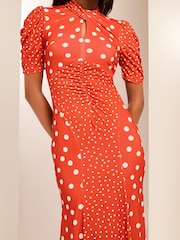 Lipsy Red Polka Dot Printed Short Puff Sleeve Gathered Waist Jersey Midi Dress - Image 3 of 4