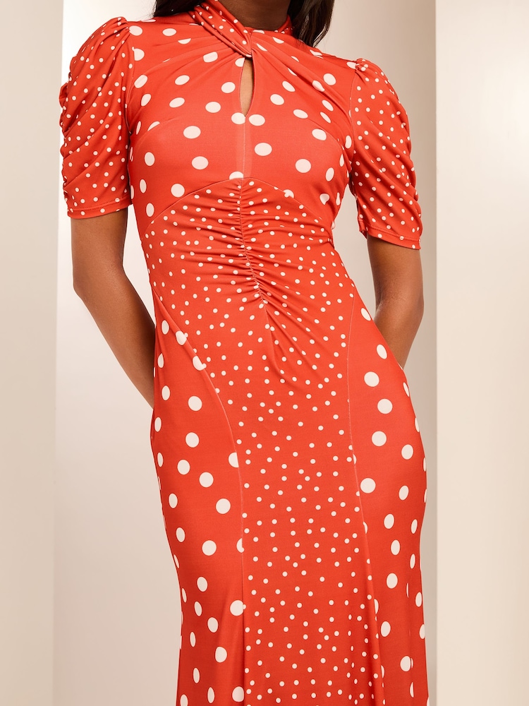 Lipsy Red Polka Dot Printed Short Puff Sleeve Gathered Waist Jersey Midi Dress - Image 3 of 4