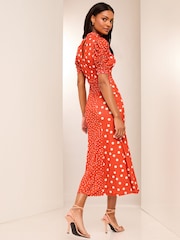 Lipsy Red Polka Dot Printed Short Puff Sleeve Gathered Waist Jersey Midi Dress - Image 4 of 4