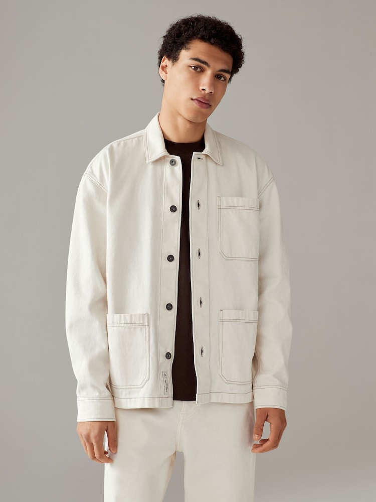 Ecru Denim 100% Cotton Chore Shacket Overshirt - Image 1 of 10