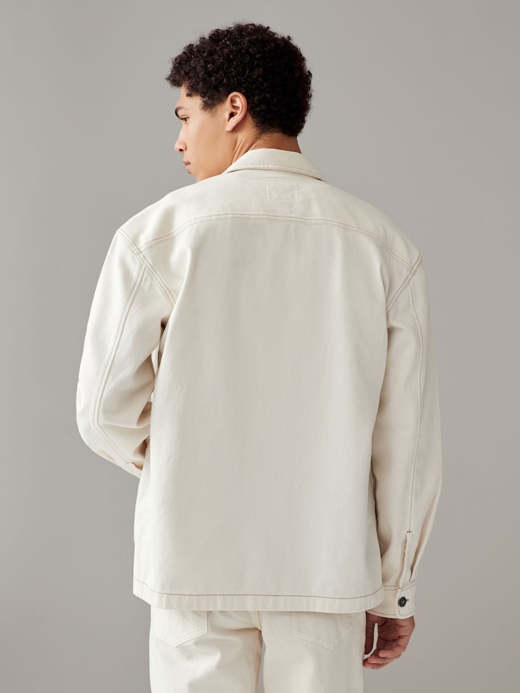 Ecru Denim 100% Cotton Chore Shacket Overshirt - Image 2 of 10