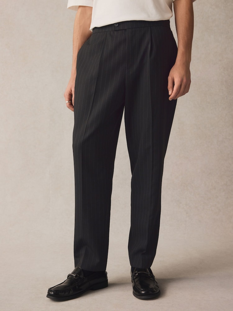 Black Elasticated Waist Regular Fit Pinstripe Half Pleated Trousers - Image 1 of 8