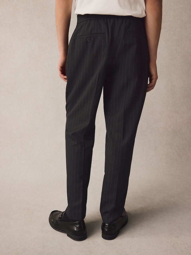 Black Elasticated Waist Regular Fit Pinstripe Half Pleated Trousers - Image 2 of 8