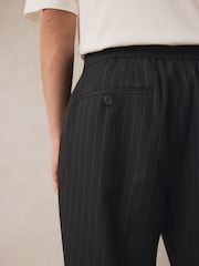 Black Elasticated Waist Regular Fit Pinstripe Half Pleated Trousers - Image 3 of 8