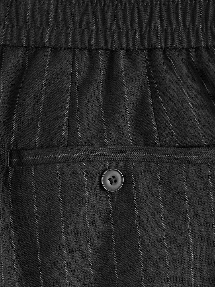 Black Elasticated Waist Regular Fit Pinstripe Half Pleated Trousers - Image 8 of 8
