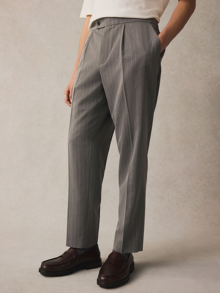 Grey Elasticated Waist Regular Fit Pinstripe Half Pleated Trousers - Image 5 of 10