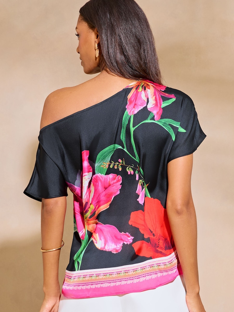 Lipsy Black Printed Satin Slash Neck T-Shirt - Image 2 of 4