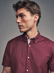 Burgundy Red Slim Fit Stretch Oxford Short Sleeve Shirt - Image 1 of 9