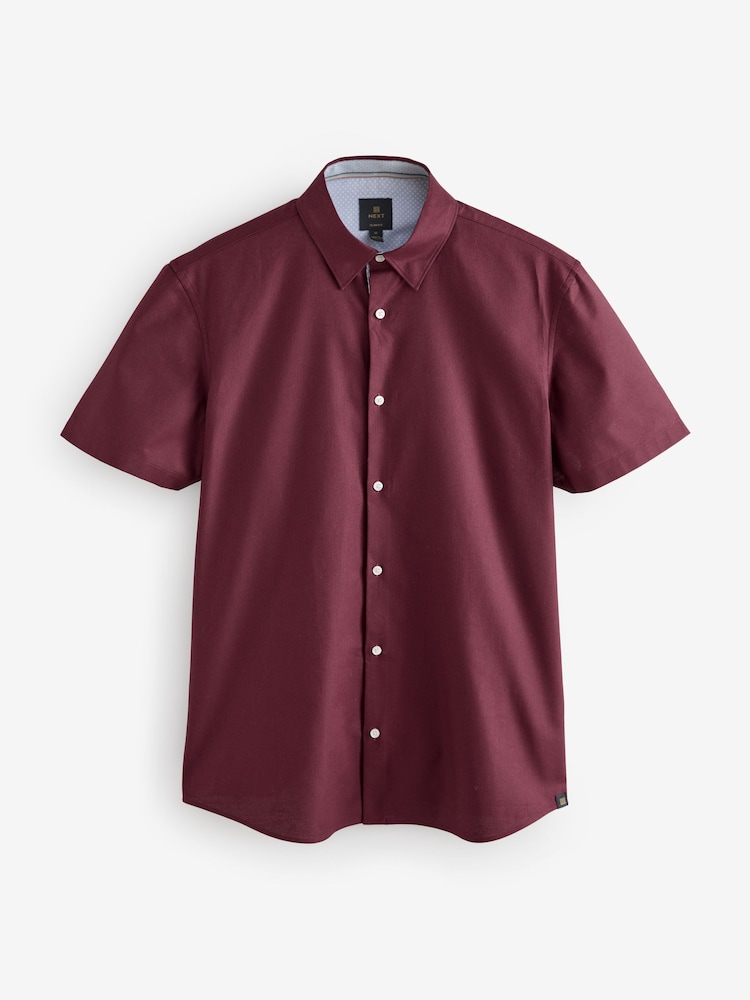 Burgundy Red Slim Fit Stretch Oxford Short Sleeve Shirt - Image 5 of 9
