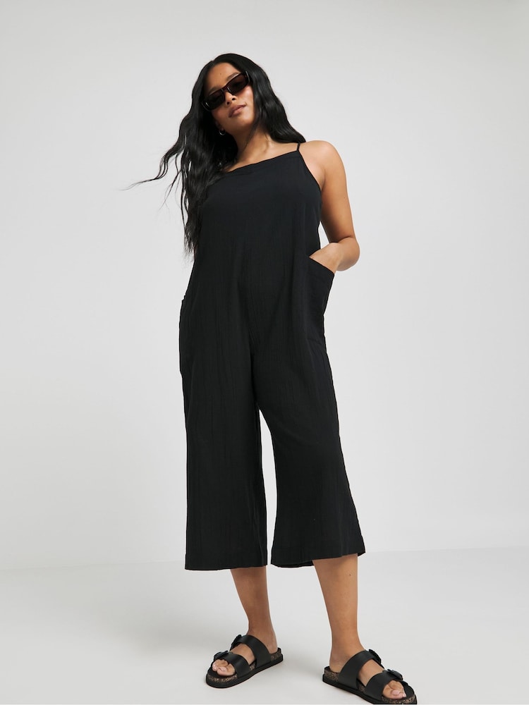 Simply Be Black Cheesecloth Beach 100% Cotton Jumpsuit - Image 1 of 4 Simply Be Black Cheesecloth Beach 100% Cotton Jumpsuit - Image 1 of 4