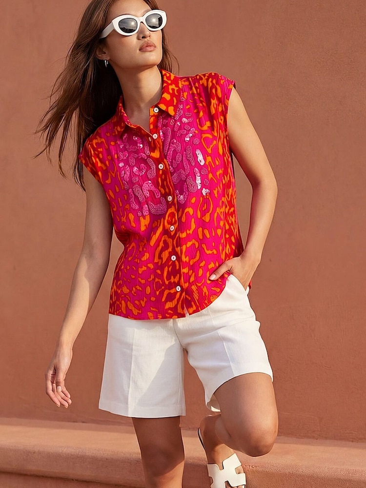 Roman Pink Animal Print Embellished Blouse - Image 2 of 5