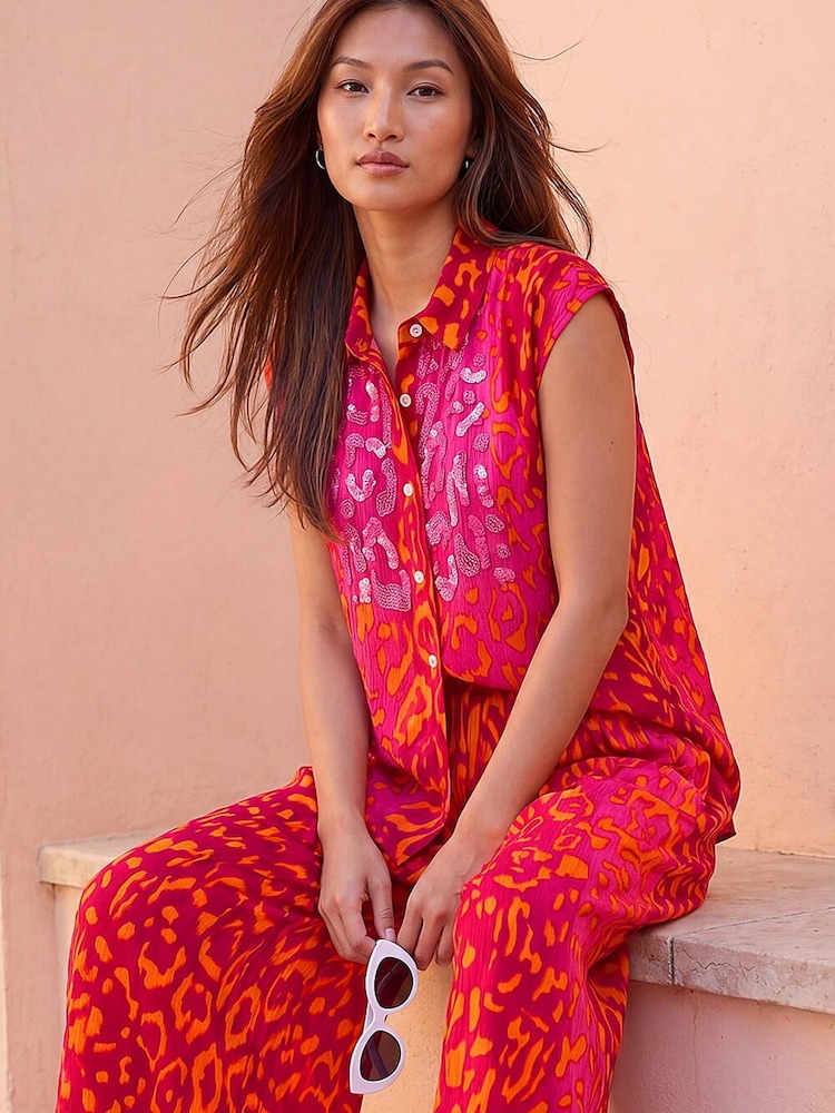 Roman Pink Animal Print Embellished Blouse - Image 4 of 4 Roman Pink Animal Print Embellished Blouse - Image 4 of 4