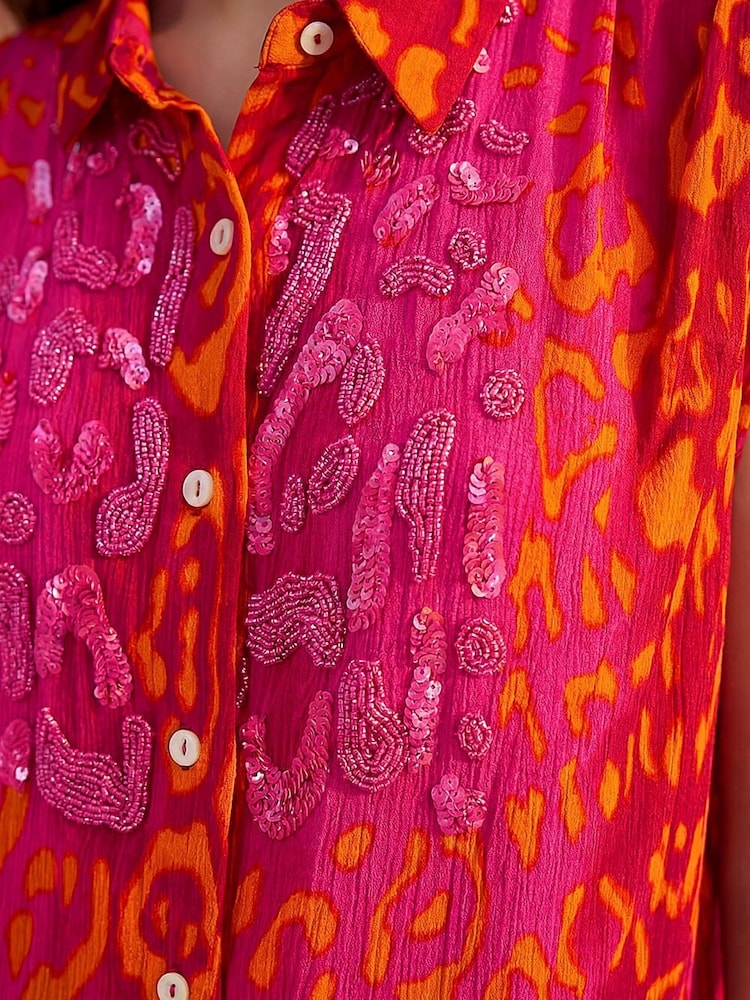 Roman Pink Animal Print Embellished Blouse - Image 5 of 5