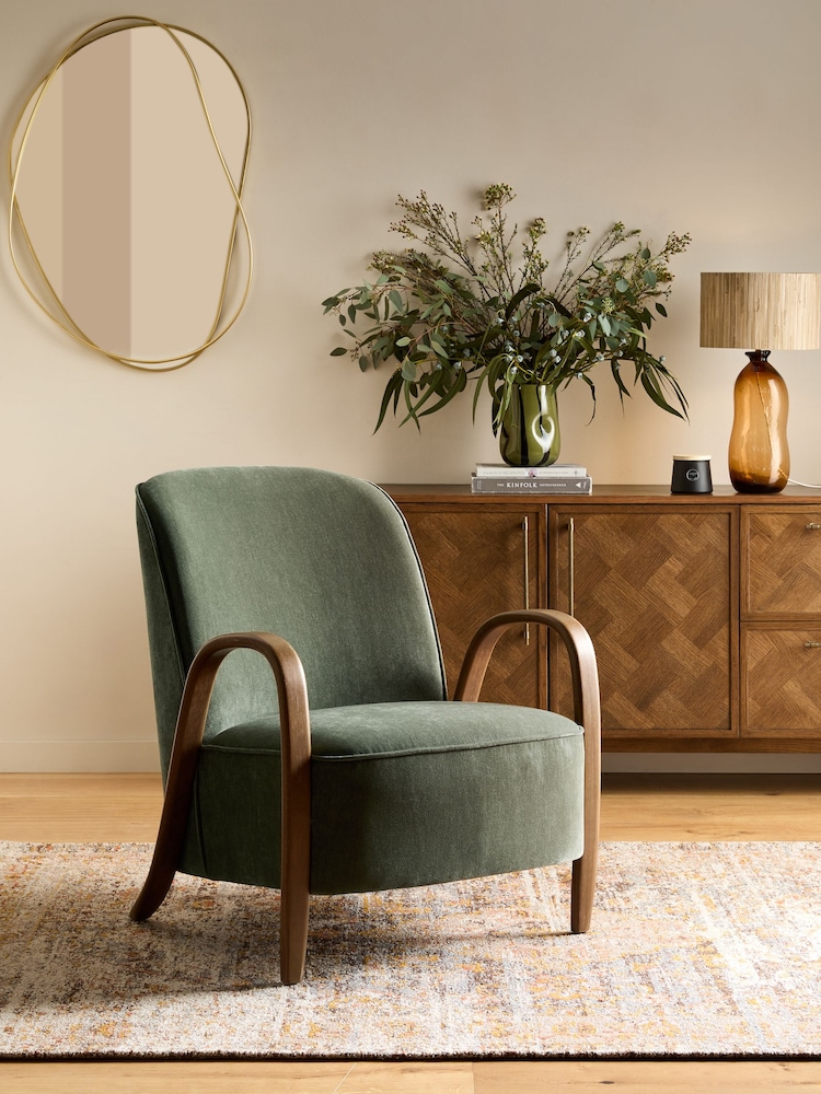 Relaxed Chenille Forest Green Hensley Wooden Accent Chair - Image 1 of 10