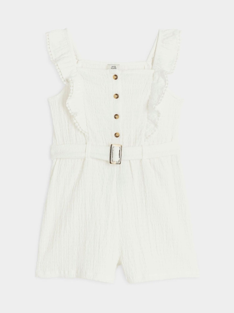 Weiß - River Island Mädchen-Overall mit Gürtel und Rüschen aus 100% Baumwolle - Bild 1 von 4