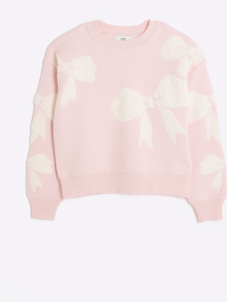 River Island Pink Girls Boucle Bows 100% Cotton Jumper - Image 1 of 4