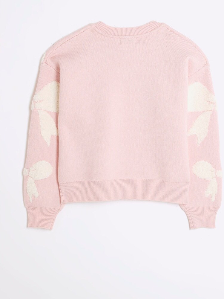 River Island Pink Girls Boucle Bows 100% Cotton Jumper - Image 2 of 4