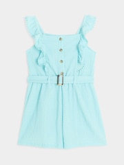 River Island Blue Girls Belted Frill 100% Cotton Playsuit - Image 1 of 4