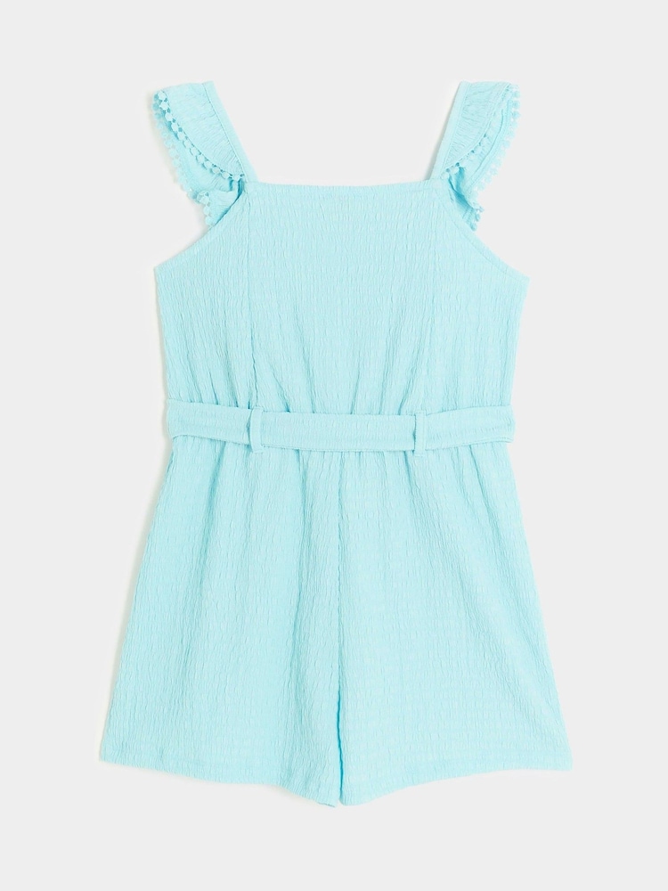 River Island Blue Girls Belted Frill 100% Cotton Playsuit - Image 2 of 4