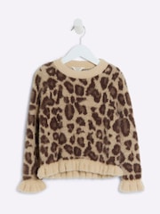 River Island Brown Girls Leopard Print Fluff Frill 100% Cotton Jumper - Image 1 of 4