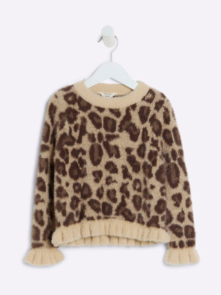 River Island Brown Girls Leopard Print Fluff Frill 100% Cotton Jumper - Image 1 of 4 River Island Brown Girls Leopard Print Fluff Frill 100% Cotton Jumper - Image 1 of 4