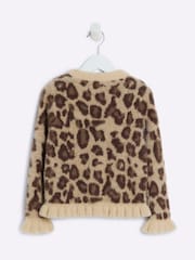 River Island Brown Girls Leopard Print Fluff Frill 100% Cotton Jumper - Image 2 of 4