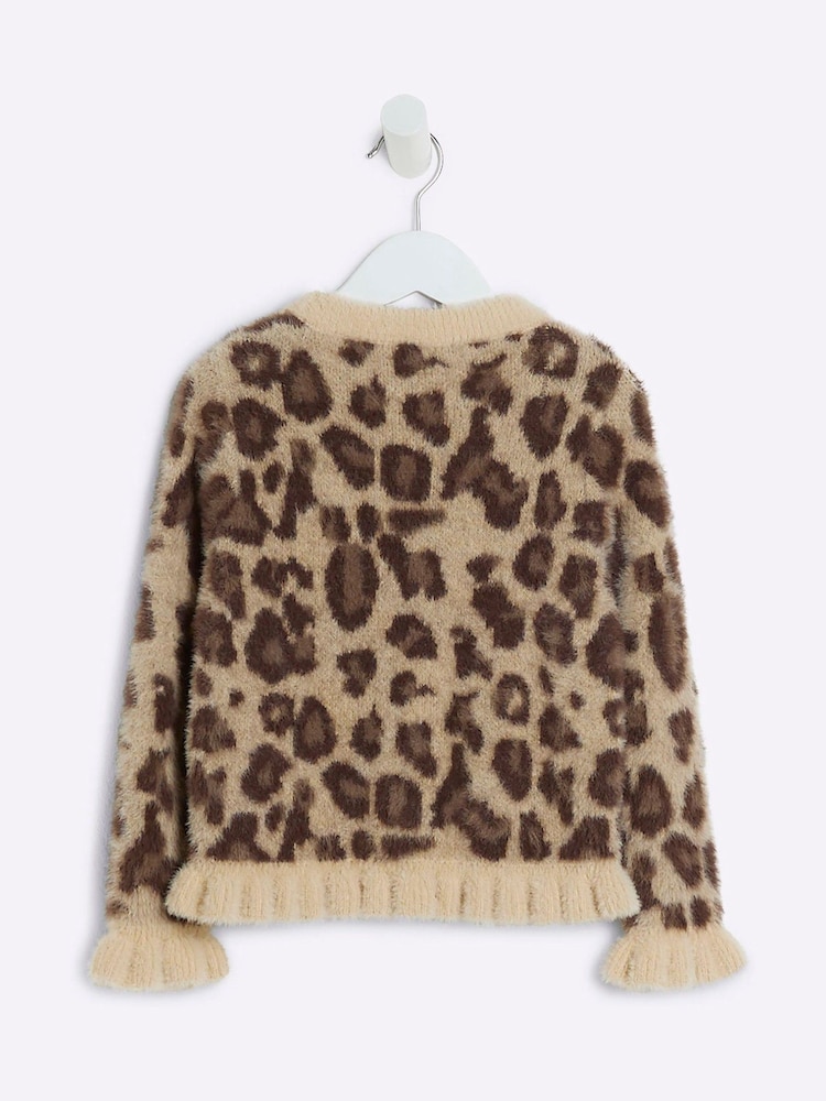 River Island Brown Girls Leopard Print Fluff Frill 100% Cotton Jumper - Image 2 of 4