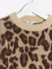 River Island Brown Girls Leopard Print Fluff Frill 100% Cotton Jumper - Image 3 of 4