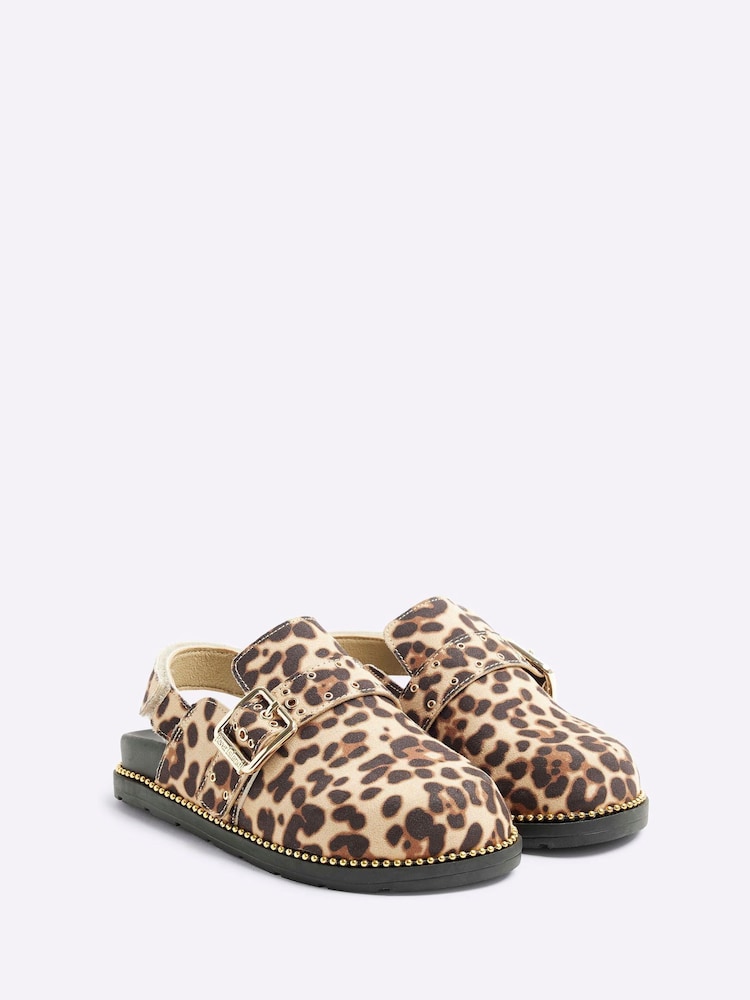 River Island Brown Girls Leopard Buckle Clogs - Image 2 of 5