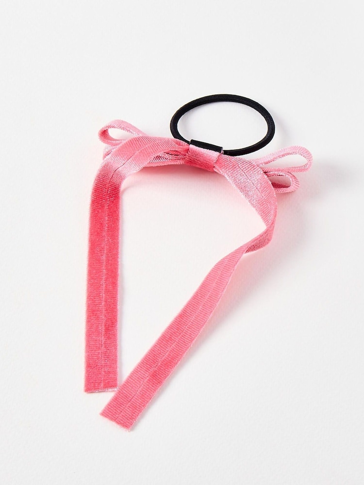 Oliver Bonas Pink Stefanie Velvet Bow Elastic Hair Tie - Image 2 of 3