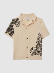 Reiss Off White/Black Romance 9-13 yrs Jersey Embroidered Cuban Collar Shirt - Image 1 of 3