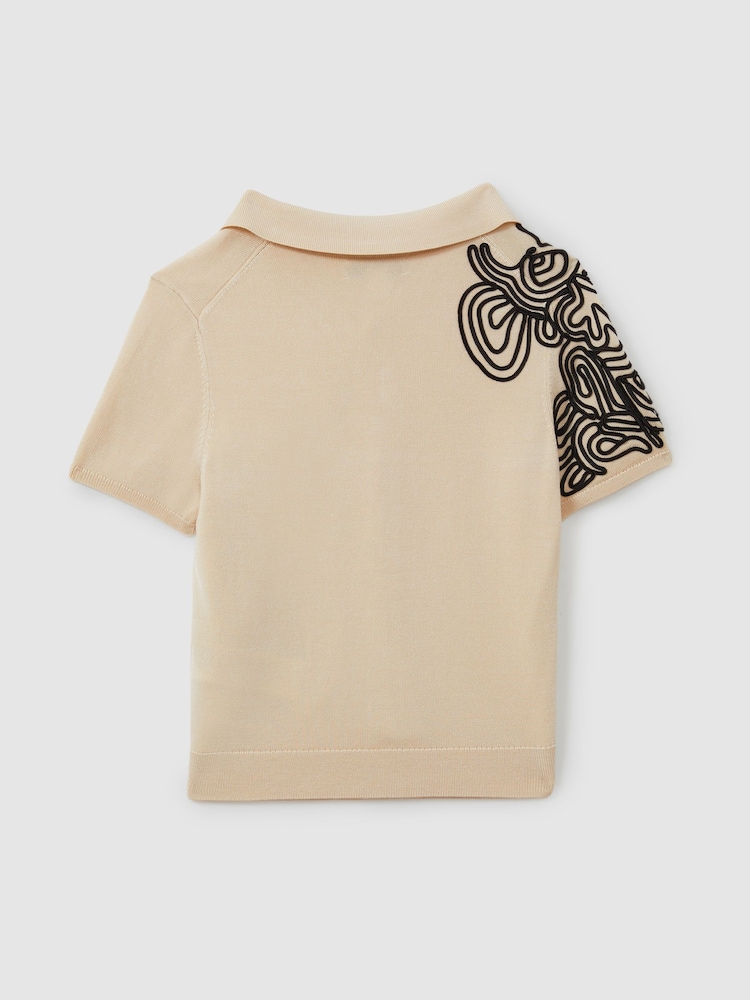 Reiss Off White/Black Romance 9-13 yrs Jersey Embroidered Cuban Collar Shirt - Image 2 of 3
