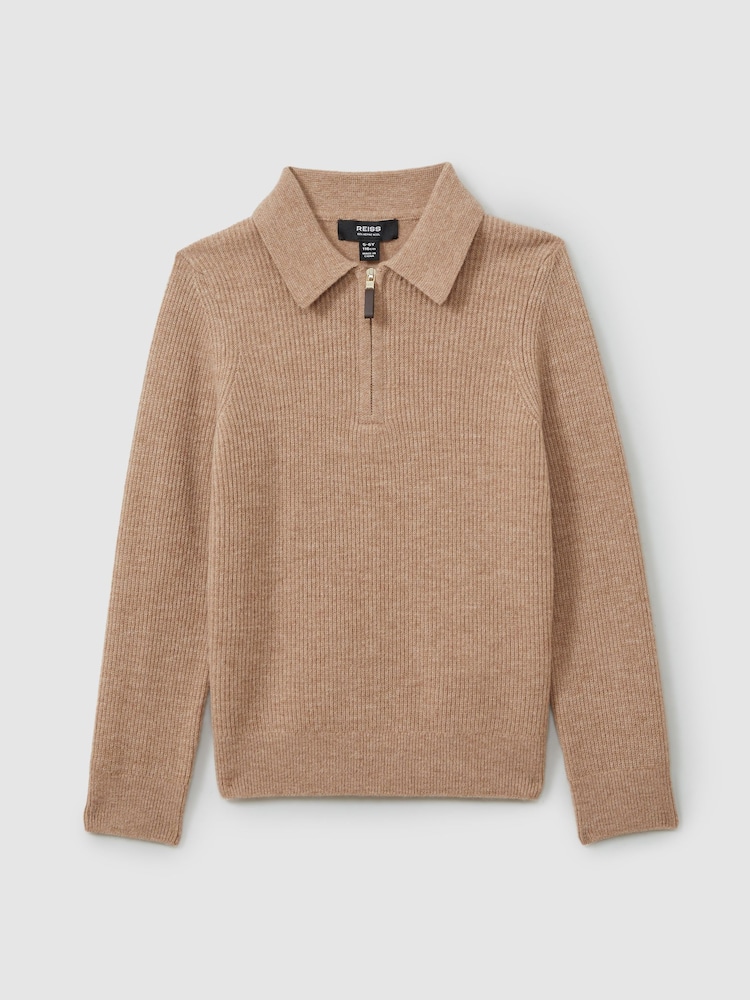 Reiss Soft Camel Brown Regis 9-13 yrs Merino Wool Quarter Zip Polo Shirt - Image 2 of 4