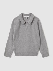 Reiss Grey Melange Grange Senior Wool-Cashmere Open Collar Polo Shirt - Image 1 of 3