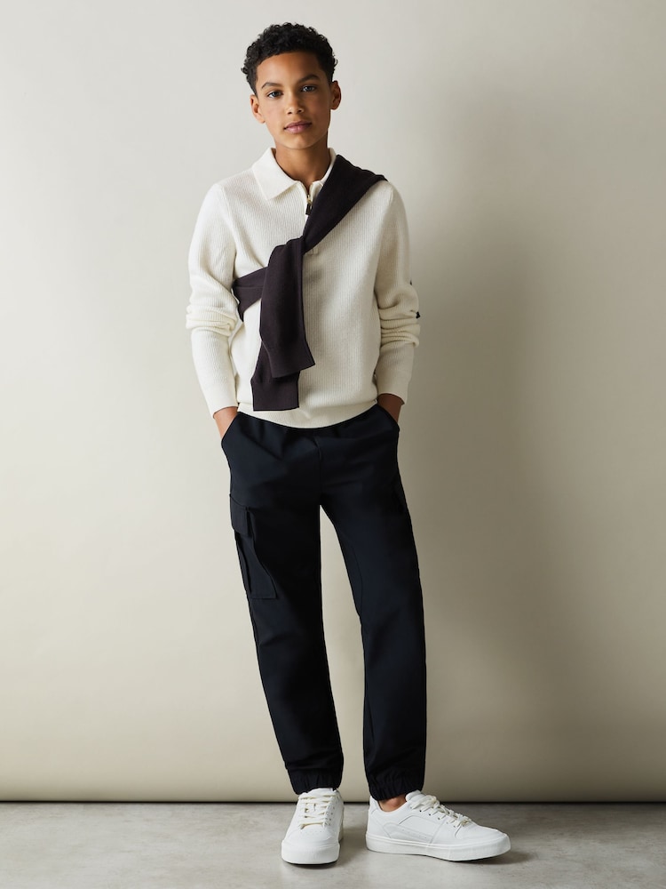 Reiss Off White Regis 3-9 yrs Merino Wool Quarter Zip Polo Shirt - Image 1 of 4