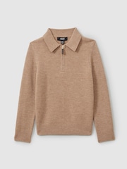 Reiss Soft Camel Brown Regis 3-9 yrs Merino Wool Quarter Zip Polo Shirt - Image 1 of 4