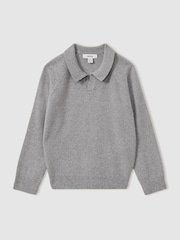 Reiss Grey Melange Grange Junior Wool-Cashmere Open Collar Polo Shirt - Image 1 of 3