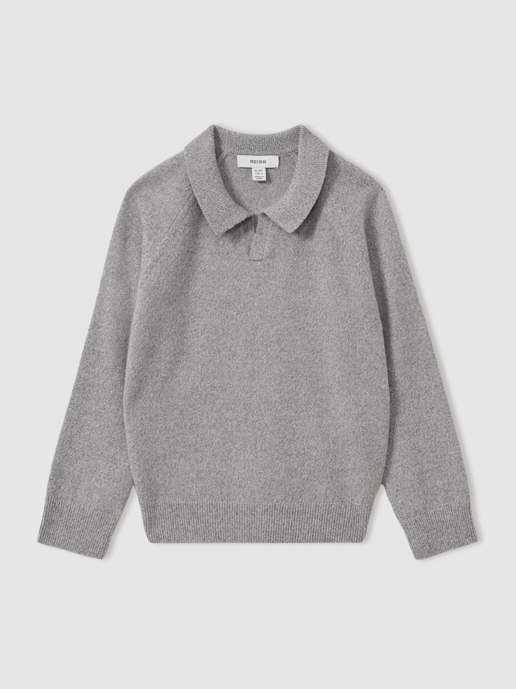 Reiss Grey Melange Grange Junior Wool-Cashmere Open Collar Polo Shirt - Image 1 of 3
