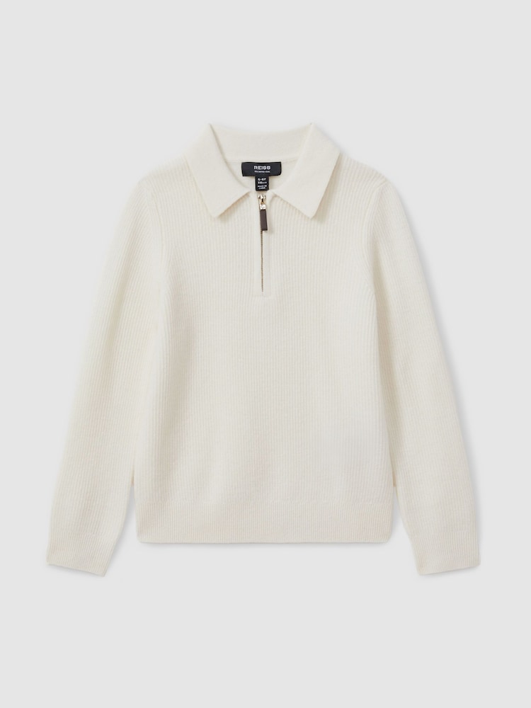 Reiss Off White Regis 9-13 yrs Merino Wool Quarter Zip Polo Shirt - Image 2 of 4