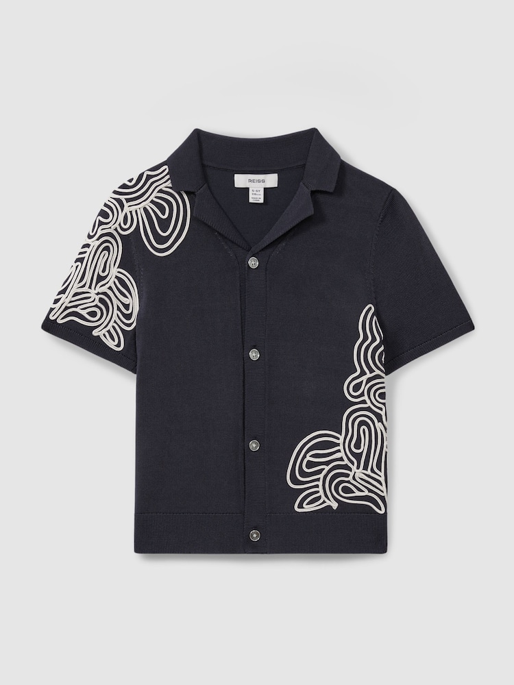 Reiss Navy/Off White Romance 9-13 yrs Jersey Embroidered Cuban Collar Shirt - Image 2 of 4
