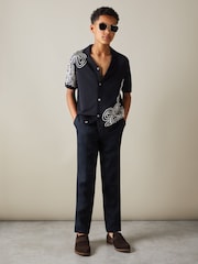 Reiss Navy/Off White Romance 9-13 yrs Jersey Embroidered Cuban Collar Shirt - Image 3 of 4