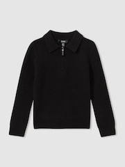 Reiss Black Regis 9-13 yrs Merino Wool Quarter Zip Polo Shirt - Image 1 of 3