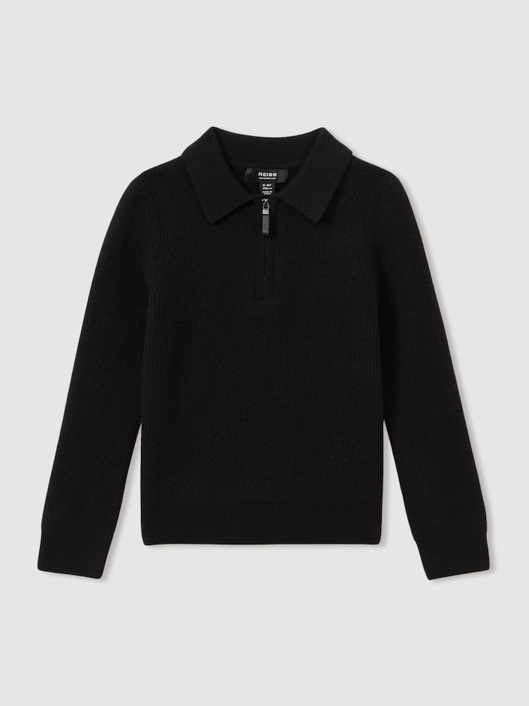 Reiss Black Regis 9-13 yrs Merino Wool Quarter Zip Polo Shirt - Image 1 of 3