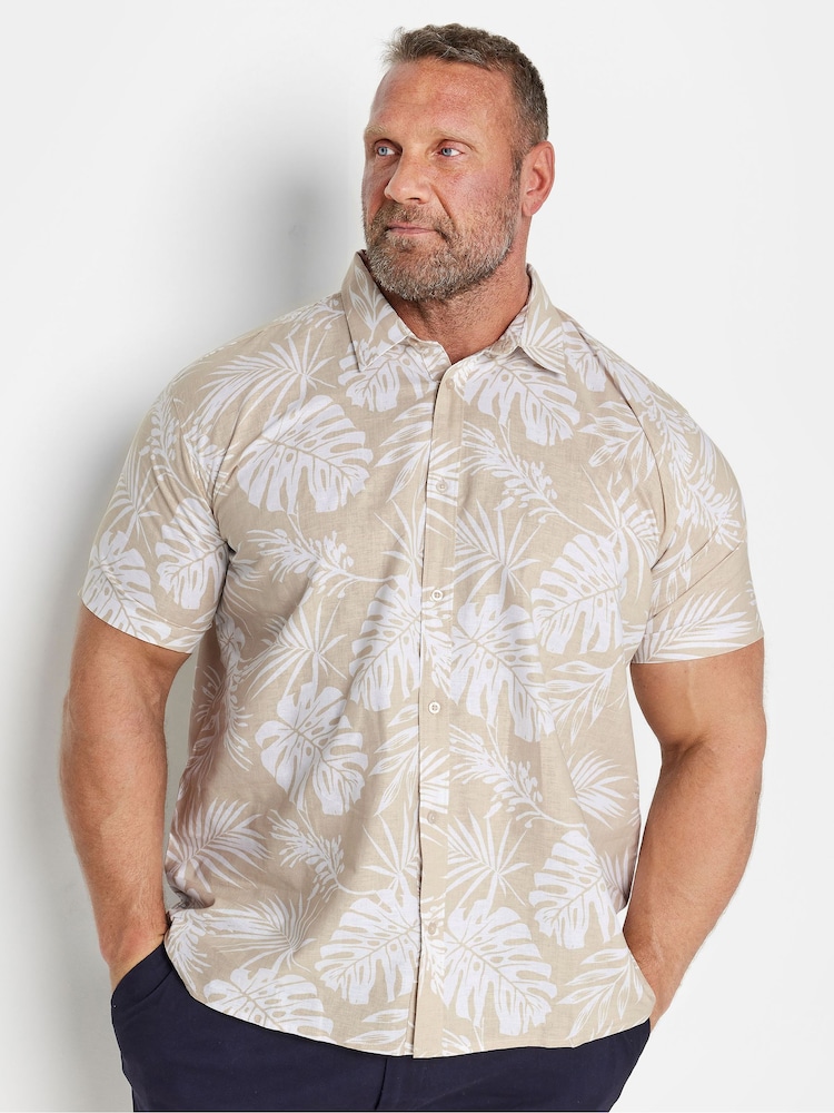 BadRhino Big & Tall Natural BadRhino Neutral Brown Premium Tropical Print Short Sleeve Linen Shirt - Image 2 of 4