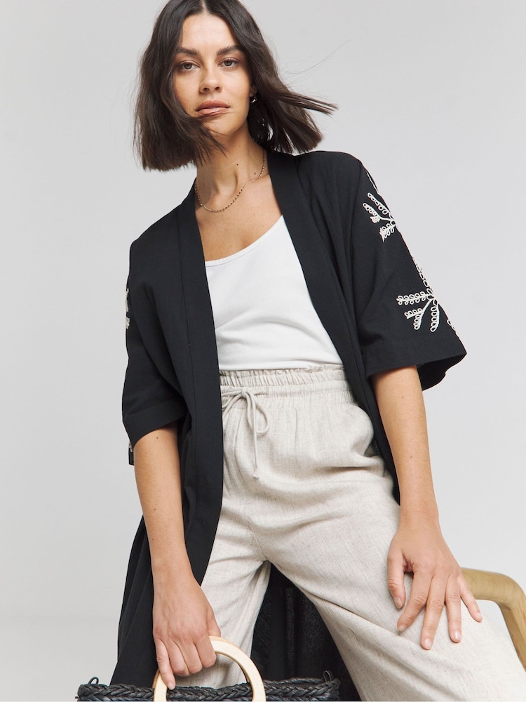 Simply Be Black Embroidered Sleeve 100% Cotton Kimono - Image 1 of 4