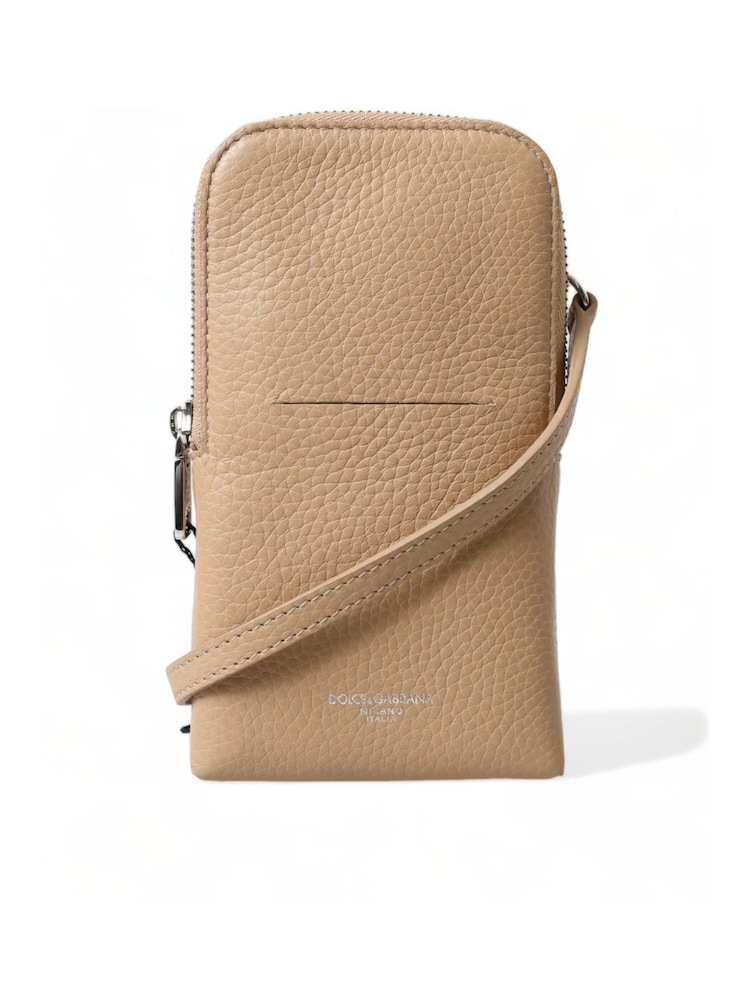 Dolce & Gabbana Leather Cross-Body Brown Phone Bag with Logo Details and Zipper Closure - Image 1 of 6
