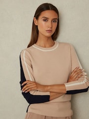 Reiss Neutral/Navy Annie Wool Blend Colourblock Crew Neck Jumper with Cashmere - Image 1 of 6