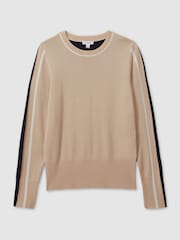 Reiss Neutral/Navy Annie Wool Blend Colourblock Crew Neck Jumper with Cashmere - Image 2 of 6
