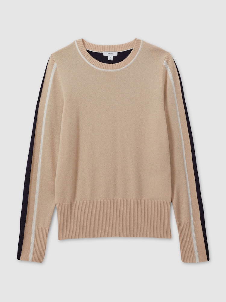 Reiss Neutral/Navy Annie Wool Blend Colourblock Crew Neck Jumper with Cashmere - Image 2 of 6